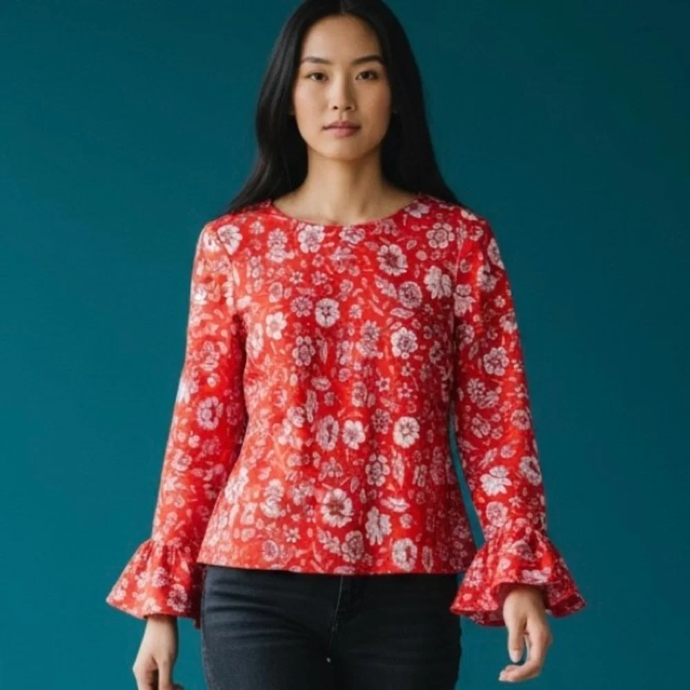 J.Crew Winter Garden Red Floral Bell Sleeve Blouse Women’s Medium